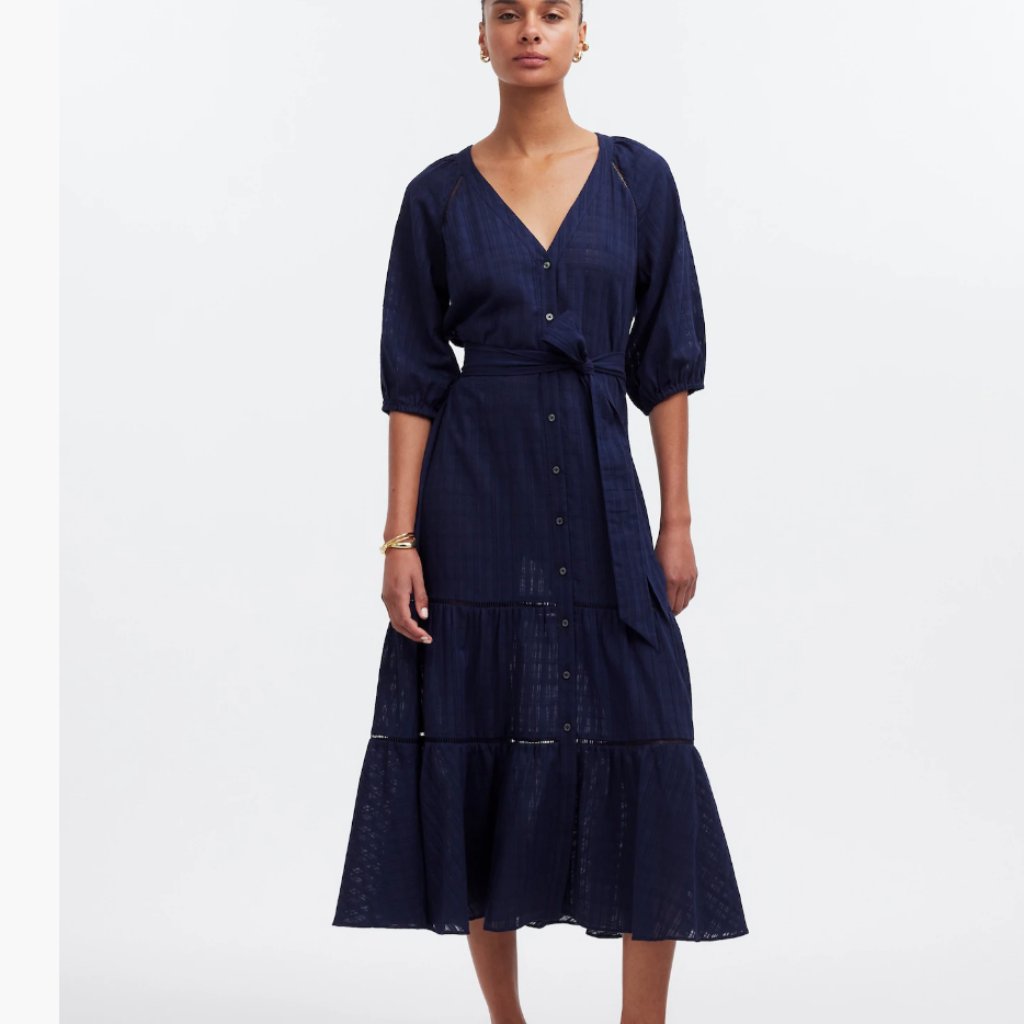 Madewell Tie-Waist Tiered Midi Dress In Windowpane Navy New Ns139 Flowy